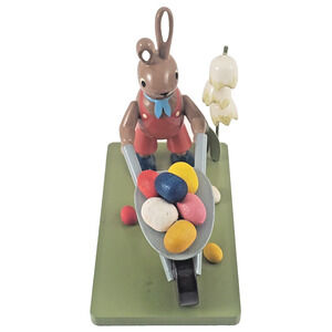 Easter Bunny Pushing Wheel Barrow Full colorful Eggs Erzegibirge KWO Germany 4"
